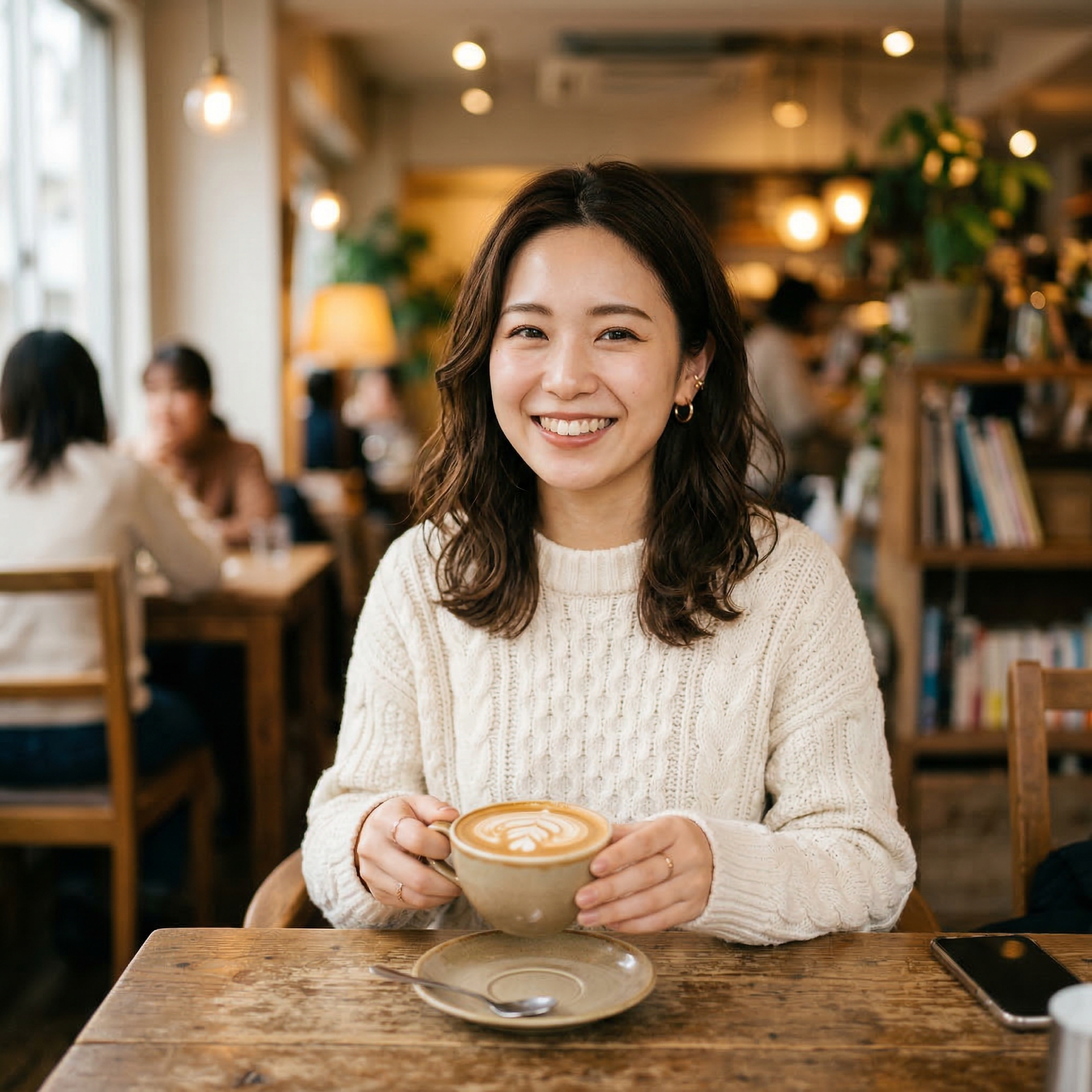 カフェでラテを持つ日本人女性