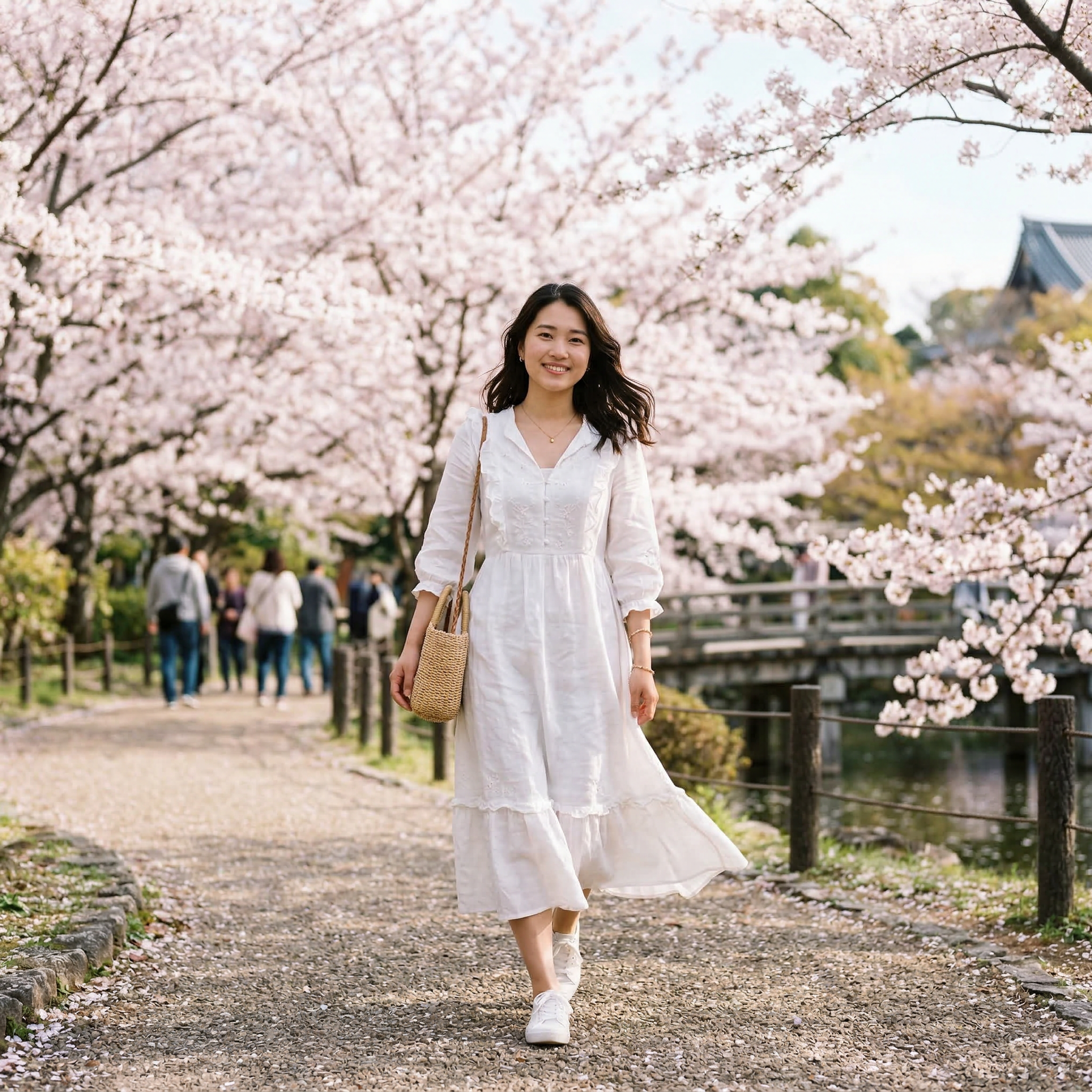桜並木を散歩する日本人女性