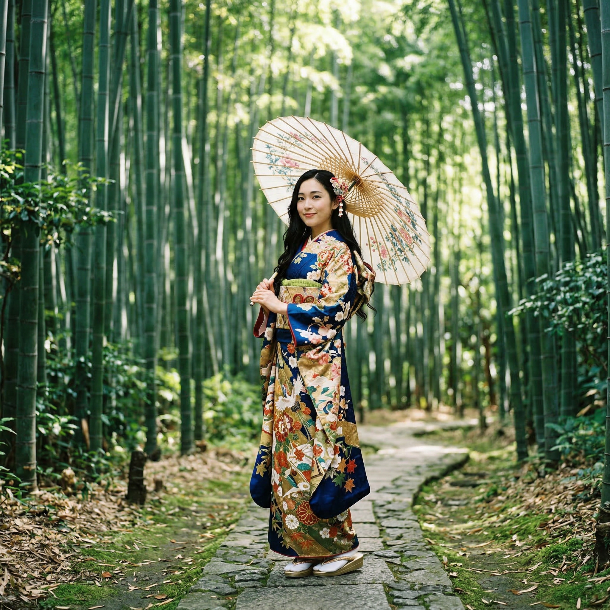 京都竹林の着物美人