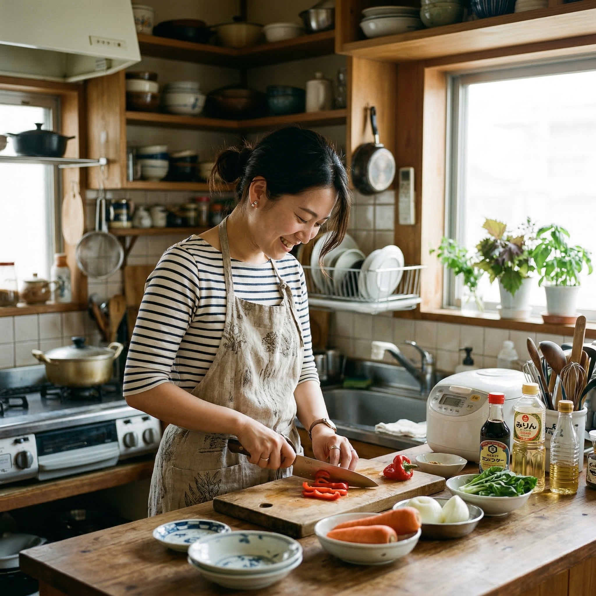 キッチンで料理する日本人女性