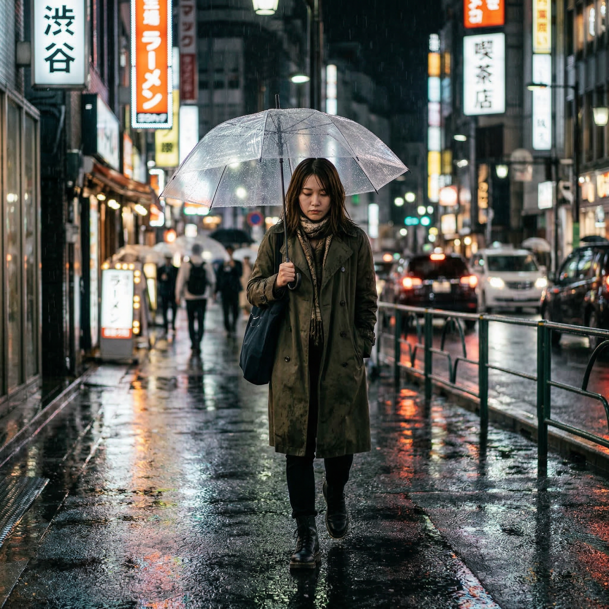 雨の街角 透明傘の日本人女性
