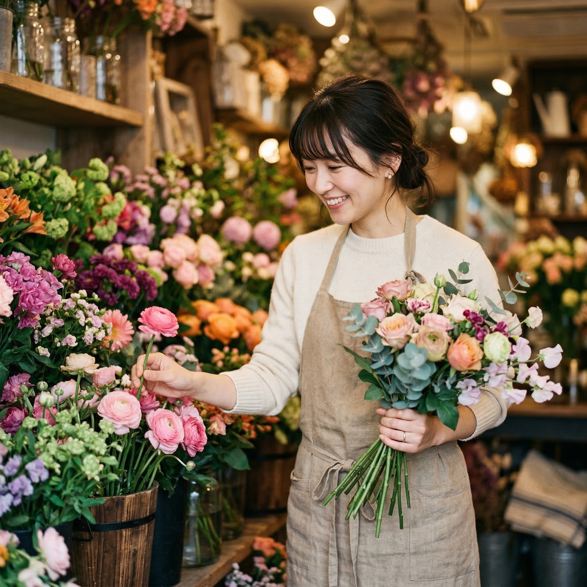 花屋で花束を選ぶ日本人女性