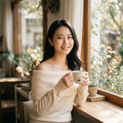 窓際コーヒーの日本人美女