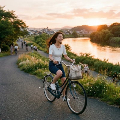 夕焼け河川敷で自転車
