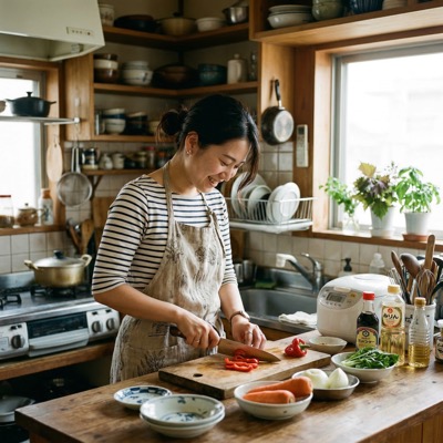 キッチンで料理する日本人女性