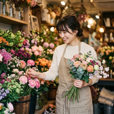 花屋で花束を選ぶ日本人女性