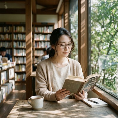 図書館で読書する日本人女性
